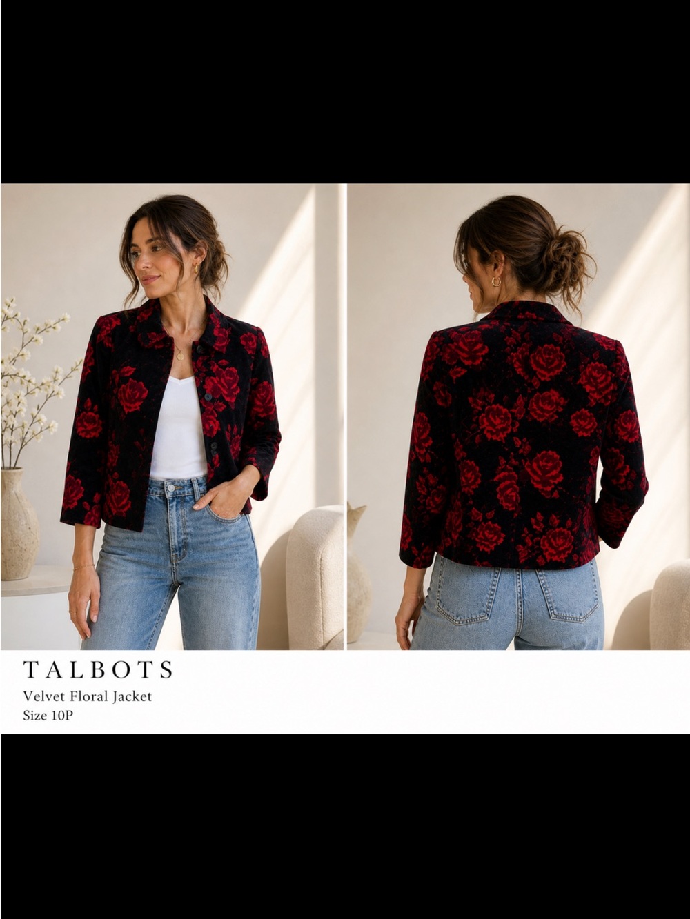 Talbots Velvet Floral Jacket Black & Red Rose  Cropped Blazer Petite